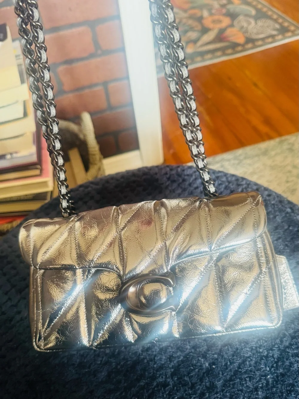 Coach Quilted Metallic Silver Shoulder Bag with Chain Strap